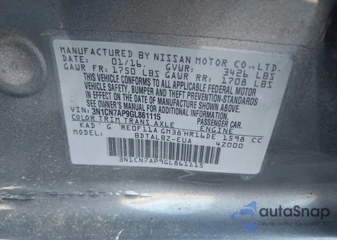 2016 Nissan Versa 1.6 Sv z USA, uszkodzony, nr VIN 3N1CN7AP9GL861115